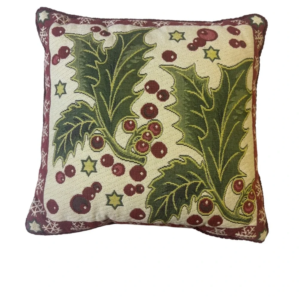 Capisserie‎ Tapestry Christmas Holly Berry Woven Cotton Accent Pillow 12x12 USA